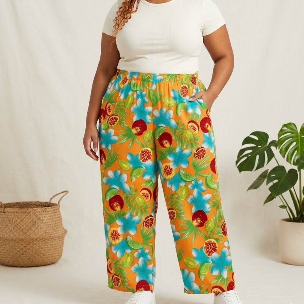 Erika Woman Tropical Fruit Floral Print Wide Leg Pants Vacation Plus Size 3X